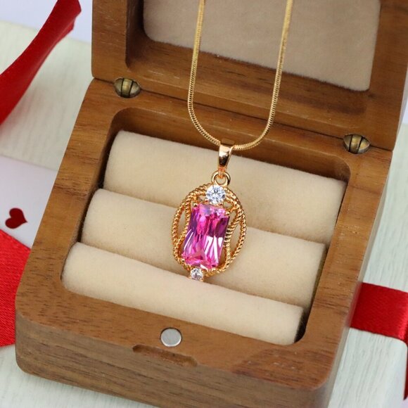 "Pink Rectangle Pendant with Gold Plated Brass and Crystal Accents, XPPT1681 - Picture 5 of 13
